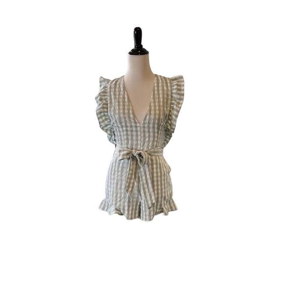 Lovers + Friends Women's Romper Size XS Coquette Green White Gingham Ruffles - Picture 1 of 12